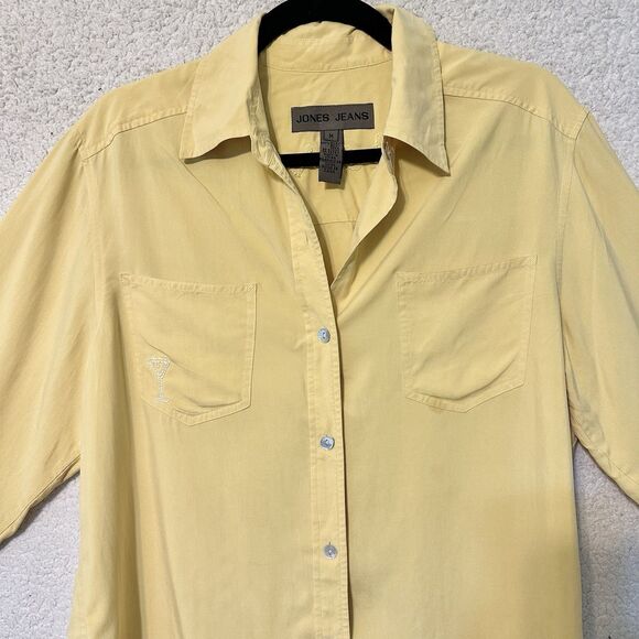 Jones Jeans Button Down Blouse‎ 100%  Silk Yellow M "Cheers" Embroidered - Picture 2 of 10